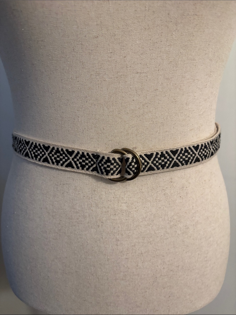 Woven Black and Cream Geometric Double-Ring Belt